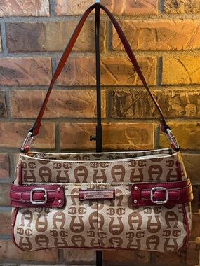 Etienne Aigner Monogram Canvas Hobo Bag with Burgundy Leather Accent EUC